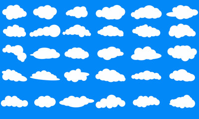 Fototapeta premium Cloud icons on a blue background with 30 different clouds. Vector