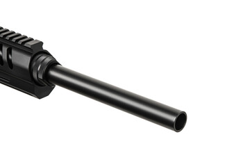 Pump-action 12 gauge shotgun isolated on a white back. A smooth-bore weapon with a plastic stock.