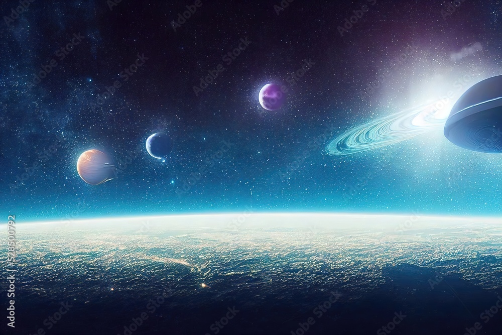 Poster UFO in outer space with planets and stars in the dark sky.