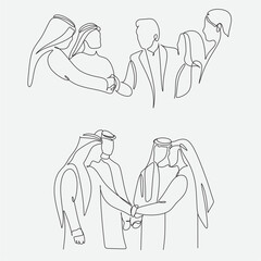 One continuous line drawing of young muslim business people line up . Islamic clothing shemag, kandura, scarf, hijab. Arab businessman working with laptop. Single line draw design vector illustration