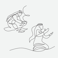Continuous one line drawing of  arab man. Continuous line drawing of muslim arabic man standing gesture. Single line art ramadan kareem and ied mubarak greeting card. Vector illustration.