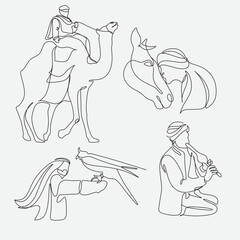 Arab men with animals line drawing. Continuous one line art. Vector illustration
