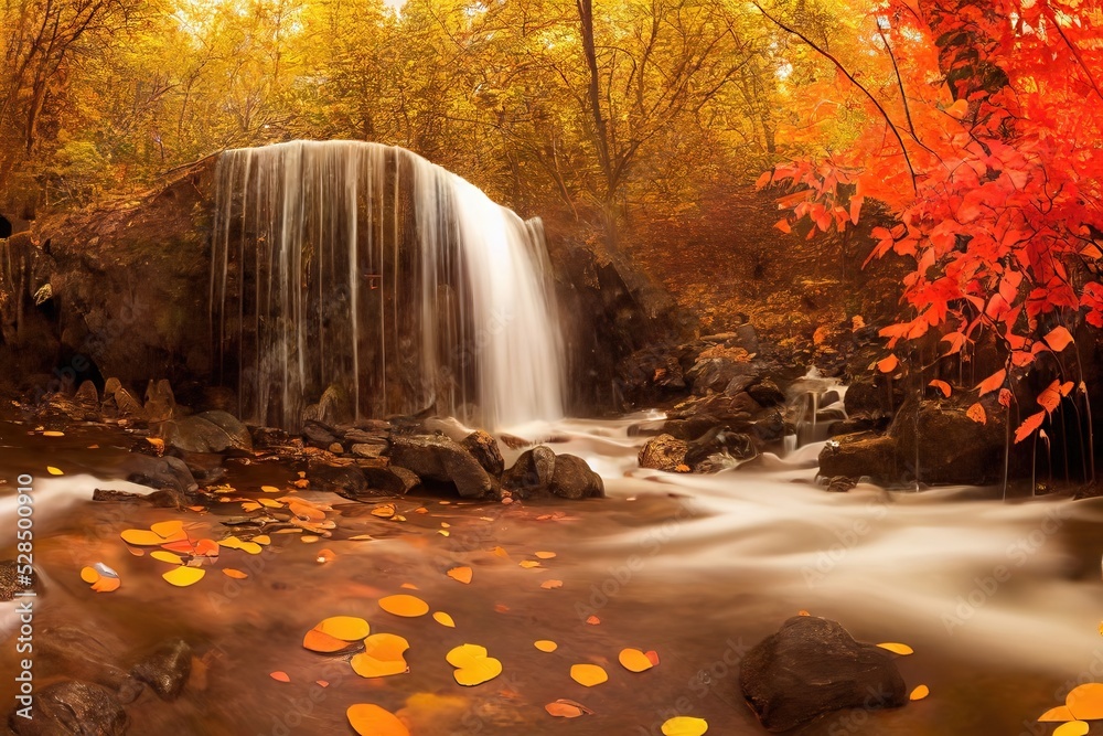 Wall mural Waterfall with rapidly flowing water over the rocks in the autumn forest. River under the rays of light and fallen orange leaves