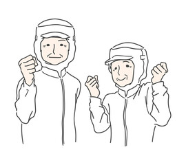 調理白衣を着てガッツポーズずるシニアスタッフ　給食センター　食品工場　食品加工　ホワイト