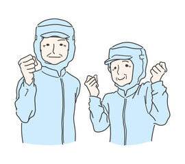 調理白衣を着てガッツポーズずるシニアスタッフ　給食センター　食品工場　食品加工　ブルー