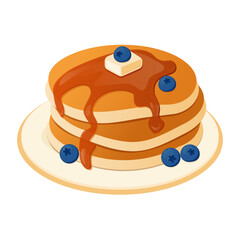 Delicious pancakes with maple syrup, butter and berries isolated on a white background. Vector illustration. Street food, takeaway, breakfast, fast food.  Graphic design clip art for web, print.