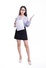 A business woman with a black skirt and a tablet on a white background