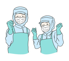 白衣・マスク・エプロンを着てガッツポーズずるシニアスタッフ　給食センター　食品工場　食品加工　ブルー