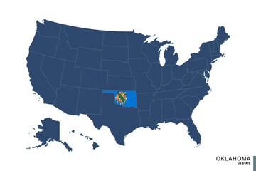 State of Oklahoma on blue map of United States of America. Flag and map of Oklahoma.