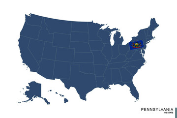State of Pennsylvania on blue map of United States of America. Flag and map of Pennsylvania.