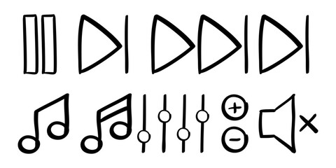 hand drawn set of music controls in doodle style