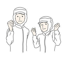 調理白衣を着てガッツポーズずる若いスタッフ　給食センター　食品工場　食品加工　ホワイト