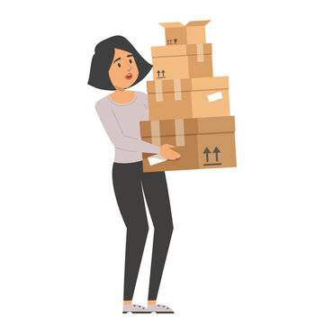 Woman holding a pile of boxes. Person working as a courier, delivery service. Brown package, idea of transportation. Heavy weight