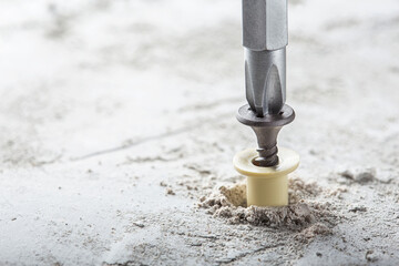 screwdriver screw and dowel in a concrete wall background