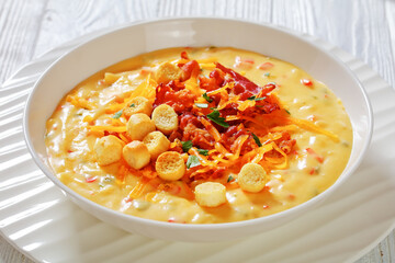 savory creamy pumpkin soup in bowl, top view