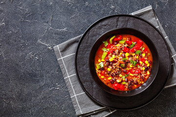 taco soup of ground beef, corn, beans and veggies