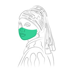 Girl with a Pearl Earring line art, covid, quarantine, mask
