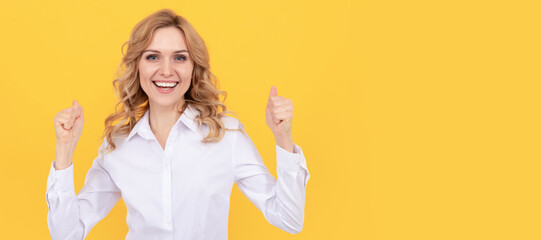 happy successful businesswoman woman in white shirt hold thumb up, success. Woman isolated face portrait, banner with mock up copy space.