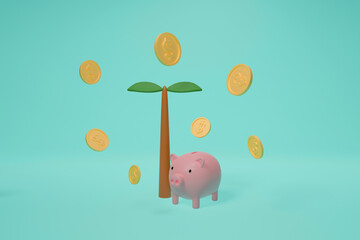 Pink piggy bank with Dollar coin and tree on green pastel background. Minimal 3D Rendering. saving money Banking, Investment and Financial . Wealth and investment.