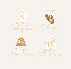 Christmas and Happy New Year art deco labels with lettering drawing in modern vintage line style on beige background