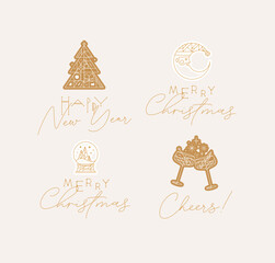 New Year and Christmas art deco labels with lettering drawing in modern vintage line style on beige background