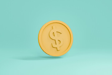 Dollar coin on green pastel background. Minimal 3D Rendering. Saving money concept. Banking, Investment and Financial. Wealth and investment.