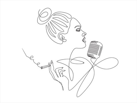 Young woman singing in a retro microphone and smoking. Continuous one line drawing. Vector illustration.