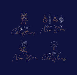 Fototapeta na wymiar Set of New Year and Christmas art deco labels with lettering drawing in vintage line style on blue background