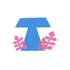Blue letter T in cut out collage style. Hand drawing isolated vector illustration with herbs