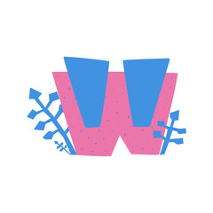 Pink letter W in cut out collage style. Hand drawing isolated vector illustration with herbs