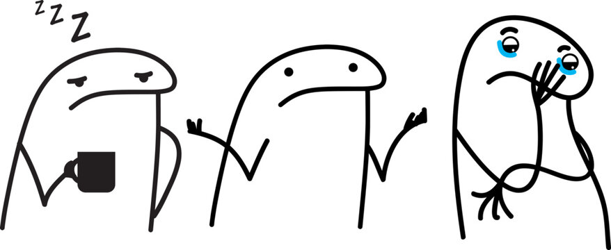 Meme internet. Flork: Drinking coffee with a lot of sleep. Lost not knowing what to do. Extremely bored, quarreled with the world. Vector stkech. Comic drawing.