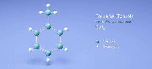 toluene, toluol, aromatic hydrocarbon, molecular structures, 3d model, Structural Chemical Formula and Atoms with Color Coding