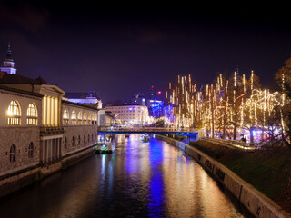 Fototapeta na wymiar River Ljubljanica at Christmas time with all the lights and decorations, Ljubljana Slovenia