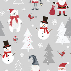 Christmas seamless pattern with Santa Claus, scandinavian gnome, snowman, polar bear, christmas tree and snowflakes. Flat style.
