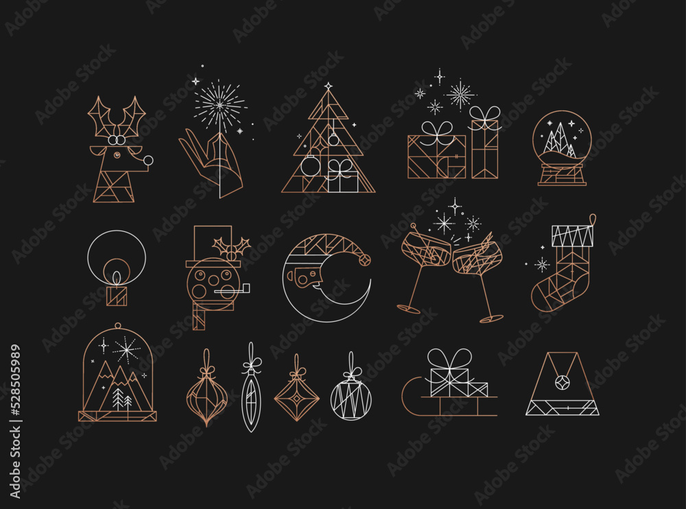 Wall mural set of сhristmas icons drawing in art deco vintage style on dark background