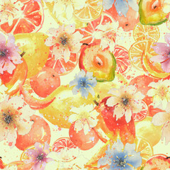 Vintage seamless pattern with watercolors - from tropical fruit, citrus spray, lemon, orange, lime, mango fruit, paint splash. Bright fashionable background. Citrus Tropical Fruit, flowers Watercolor