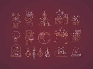 Fototapeta premium Set of Сhristmas icons drawing in art deco line style on red background