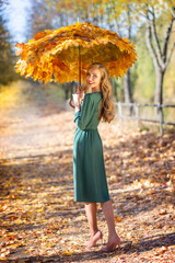 Girl with an umbrella made of maple leaves in the autumn park. Autumn season, art picture