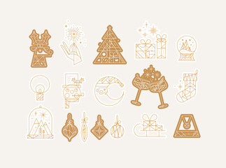 Set of Сhristmas icons drawing in art deco line style on beige background