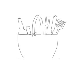Continuous line art drawing of Grocery food basket, preparing for bbq. Grocery food basket single line art drawing vector illustration.