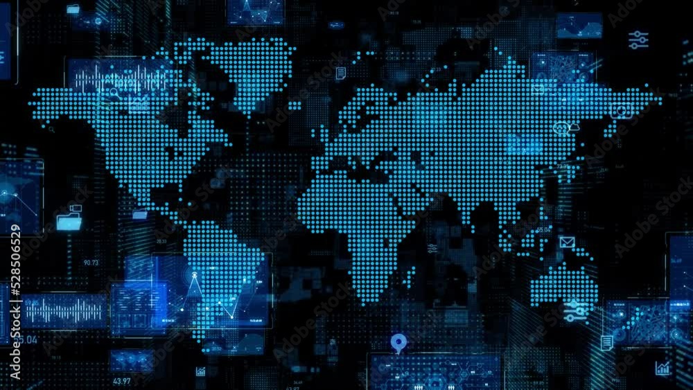 Poster world map and digital transformation concept.