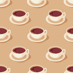 Seamless background with coffee cups with foam. Set of hot chocolate in ceramic mug. Beautiful and creative print for kitchen wallpaper.  