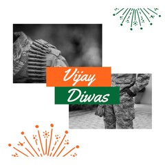 Composite of vijay diwas text and collage of soldiers with bullets on shoulder and hand in pocket