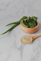 Fresh Aloe vera leaves in wooden bowl with slices and gel in wooden spoon. on white marble background. hair care and skin care concept.