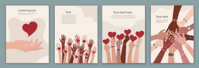 Leaflet - cover with group of volunteer diversity people - editable poster template. Hand up holding a heart in their hand. Charity solidarity donation. Community. Hands in a circle. NGO