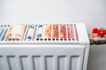 euro banknotes in a central heating radiator, the concept of expensive heating costs, closeup