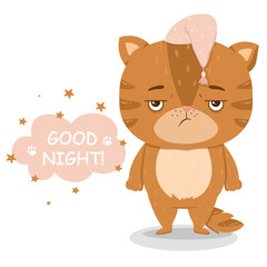 Grumpy red cat wants to sleep and says good night. Vector illustration in flat style.