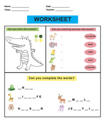 Children worksheet with animal theme. Educational activity sheet for preschool kids. Coloring, matching pictures and write animal names. Vector illustration.