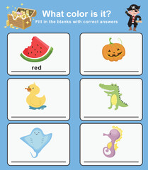 What color is this worksheet with pirate theme. Educational worksheet for preschool. Vector illustration.