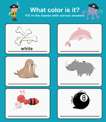 What color is this worksheet with pirate theme. Educational worksheet for preschool. Vector illustration.